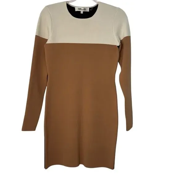Diane Von Furstenberg Small Merino Wool Blend Sweater Dress Tan Black Colorblock - Picture 2 of 11